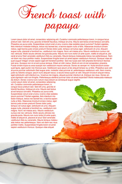 Two slices of french toast with papaya, cream and mint leaf on a — Stock Photo, Image