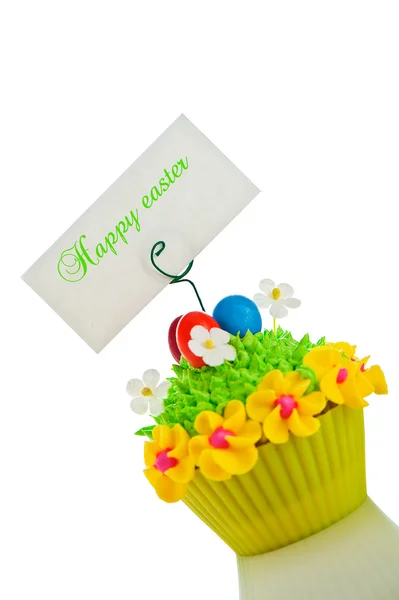 Happy easter cupcake with chocolate egg and cream grass as a mea — Stock Photo, Image