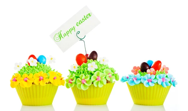 Happy easter cupcake with chocolate egg and cream grass as a mea — Stock Photo, Image
