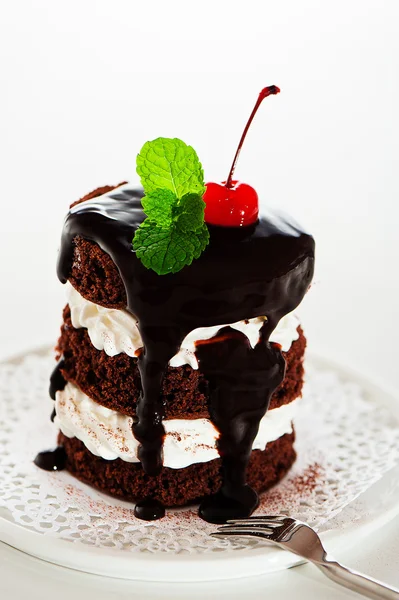 A small chocolate cake with 2 layer white cream, cherry and mint — Stock Photo, Image