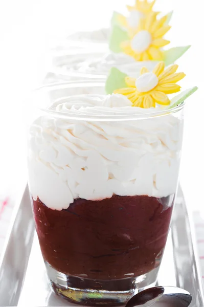Un vaso con mousse au chocolat y crema batida sobre respaldo blanco — Foto de Stock