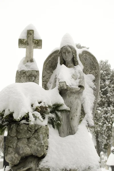 Close up of a stone angel statue covered with snow — Stock Photo, Image