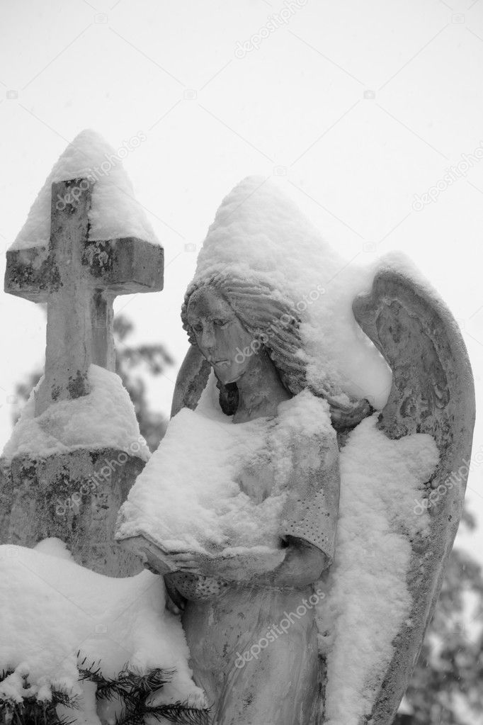 Close up of a stone angel statue covered with snow