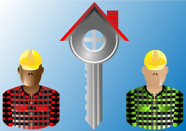 Ключ от дома и строитель, вектор недвижимости — стоковый вектор