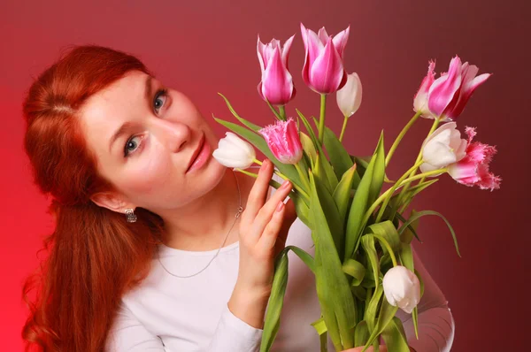 Caucasian girl with lovely flowers — Stock Photo, Image