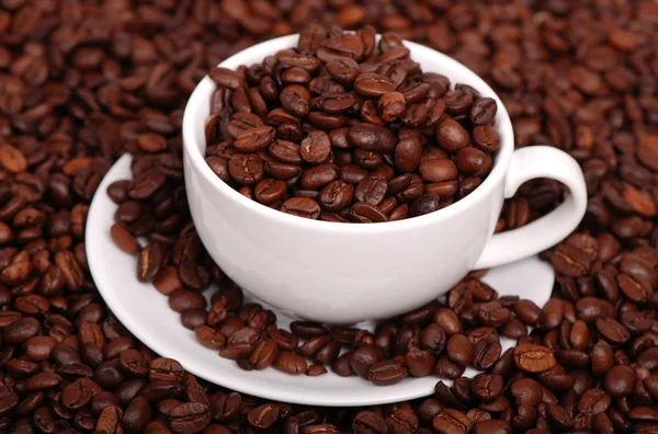 Tasse à café blanc simple sur fond de café sur fond de grains de café — Photo