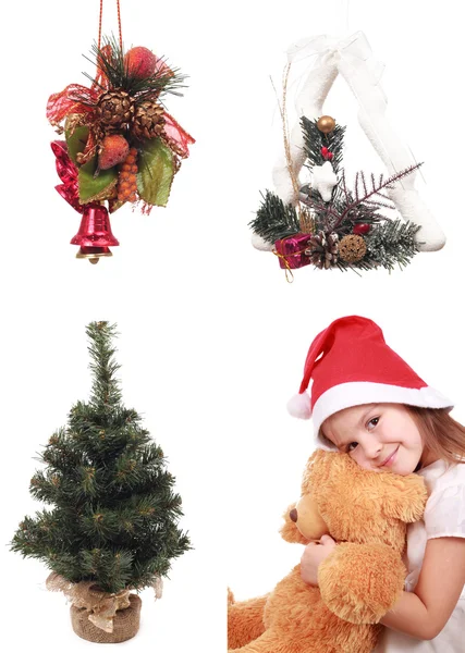 Set of objects and cute child holding a bear — Stock Photo, Image