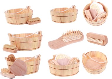 Wooden objects for spa, bath and sauna clipart