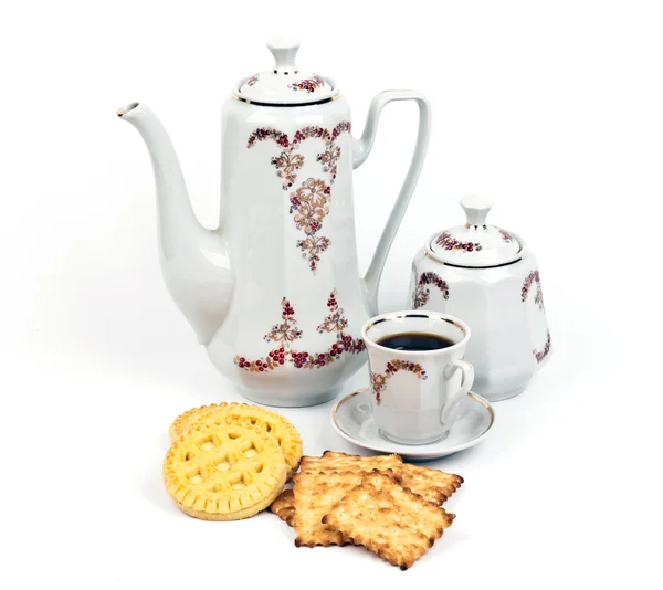 Coffee service and coffee with biscuits — Stock Photo, Image