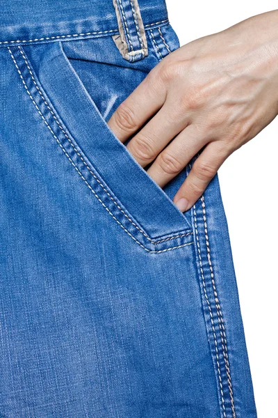 Woman's hand in his pocket jeans — Stock Photo, Image
