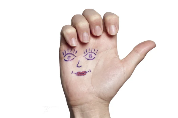 Γυναικείο χέρι με ζωγραφισμένα μάτια και τα χείλη, απομονωμένη — Φωτογραφία Αρχείου