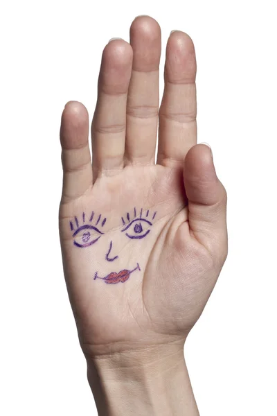 Weibliche Hand mit aufgemalten Augen und Lippen, isoliert — Stockfoto