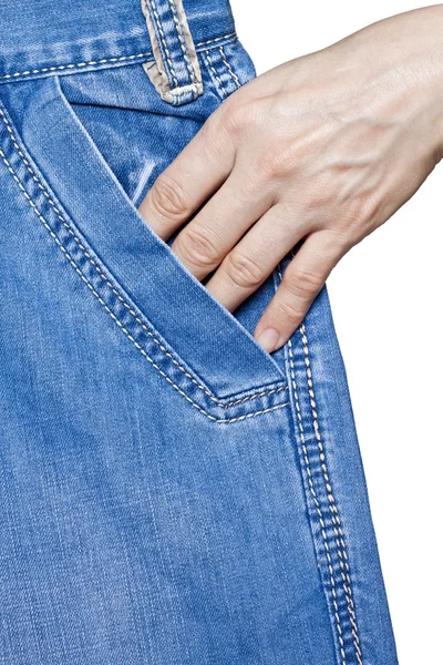 女人的手在他的口袋牛仔裤 免版税图库图片