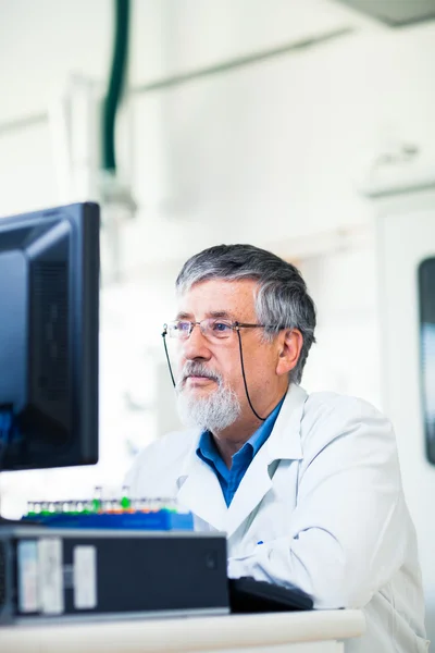 Senior onderzoeker met behulp van een computer in het lab — Stockfoto