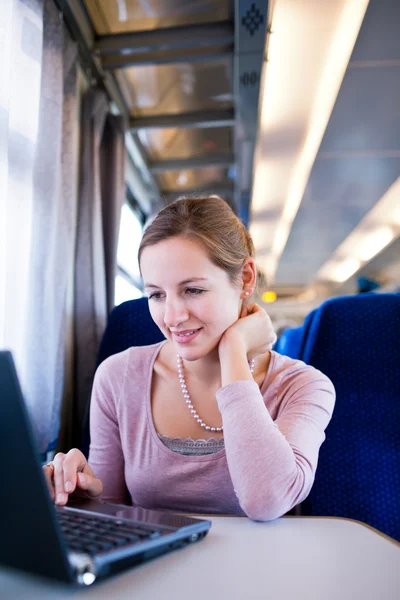 年轻的女人用她的笔记本电脑上火车 (稻田 — 图库照片