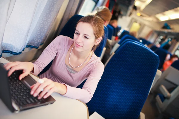 年轻的女人用她的笔记本电脑上火车 (稻田 — 图库照片