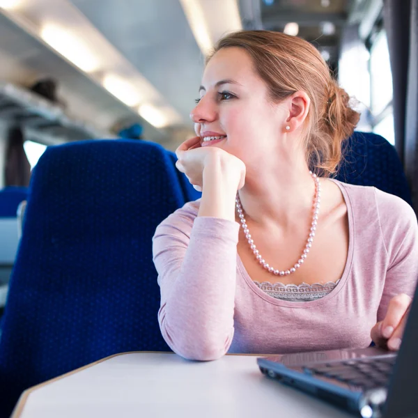 Young woman using her laptop computer while on the train (shallo Royalty Free Stock Photos