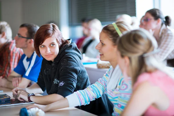 Jonge, mooie vrouwelijke college student zitten in een klas — Stockfoto