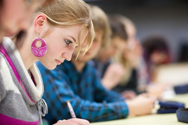 Hübsche weibliche College-Studentin sitzt in einem Klassenzimmer — Stockfoto