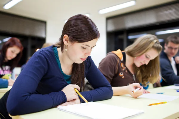 Pretty female college student sitting in a classroom — Stock Photo, Image