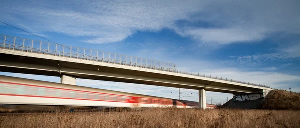Treno veloce che passa sotto un ponte in una bella giornata estiva — Foto Stock
