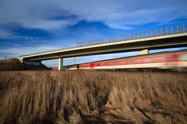 Schnellzug fährt an einem schönen Sommertag unter einer Brücke durch — Stockfoto