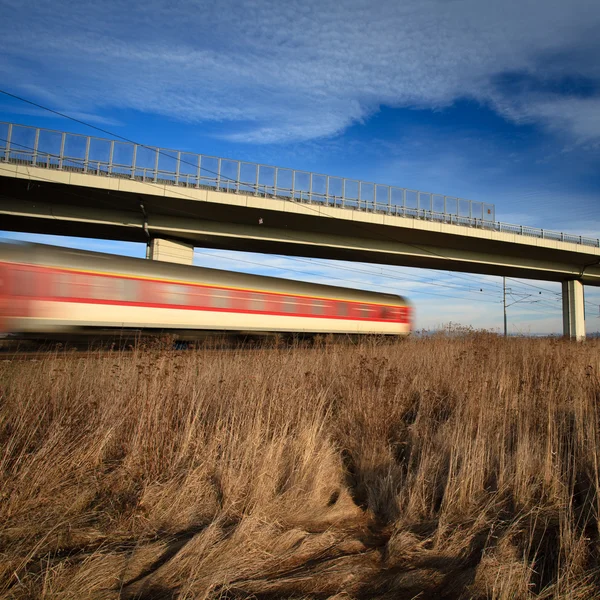 Schnellzug fährt an einem schönen Sommertag unter einer Brücke durch — Stockfoto