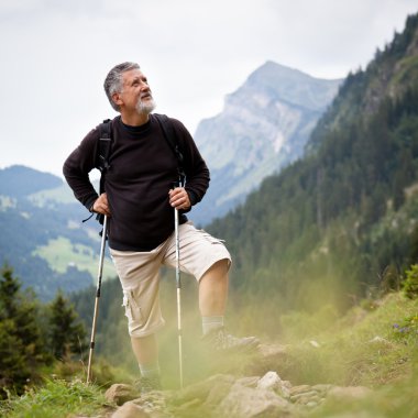 Aktif kıdemli yüksek dağlarda (İsviçre Alpleri hiking)