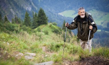 Aktif kıdemli yüksek dağlarda (İsviçre Alpleri hiking)