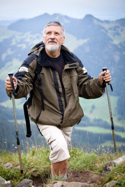 Aktif kıdemli yüksek dağlarda (İsviçre Alpleri hiking)