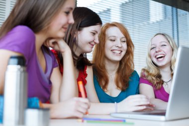 Four female college students working on their homework clipart