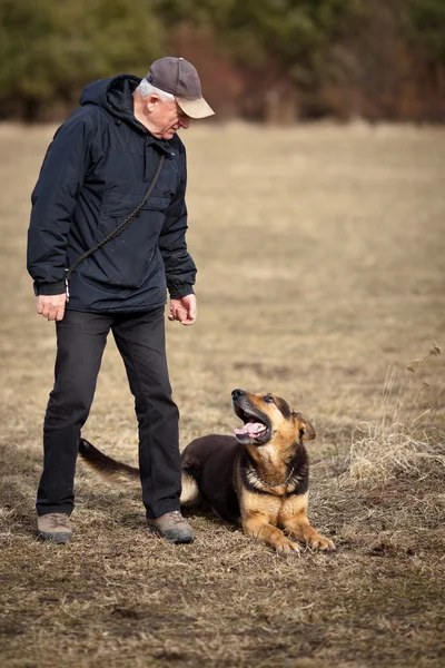 Maître et son chien obéissant (berger allemand) — Photo