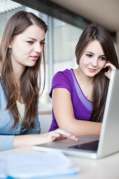 Two female college students working on a laptop computer during — Stock Photo, Image
