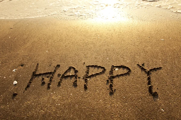 砂の上の幸せの手書きの単語 — ストック写真