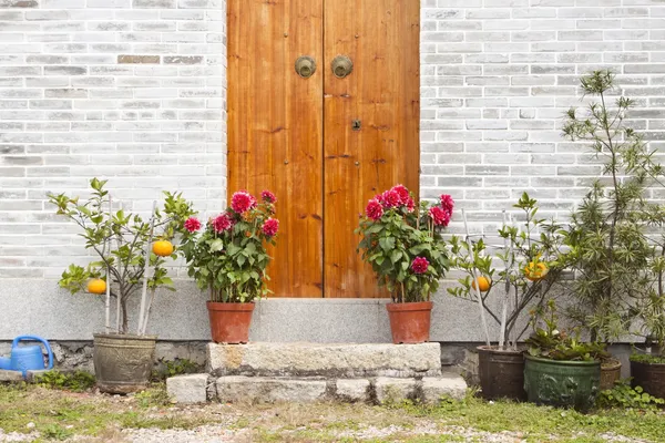 Porta e giardino in legno — Foto Stock