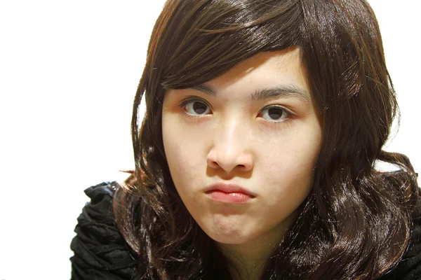 Dühös ázsiai lány, elszigetelt fehér background — Stock Fotó