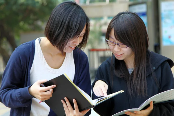 Estudiantes asiáticos estudiando y discutiendo en la universidad —  Fotos de Stock