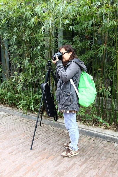 Kobieta fotograf ze statywem — Zdjęcie stockowe