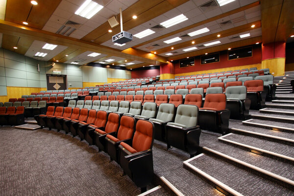 Lecture hall with colorful chairs in university