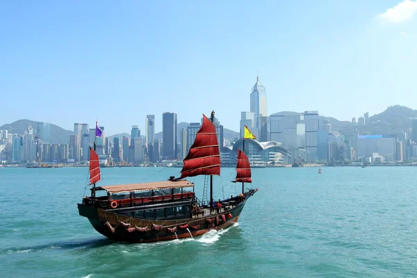 stock image Junk boat along Victoria Harbour in Hong Kong