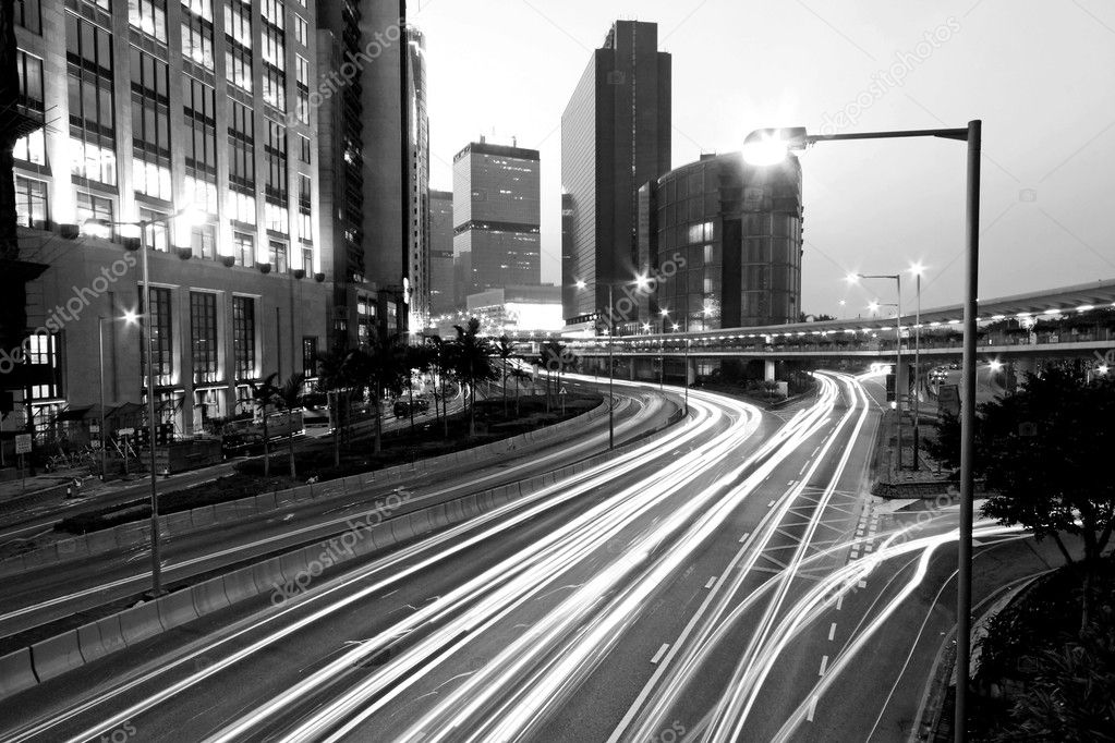 Traffic in Hong Kong at night in black and white toned