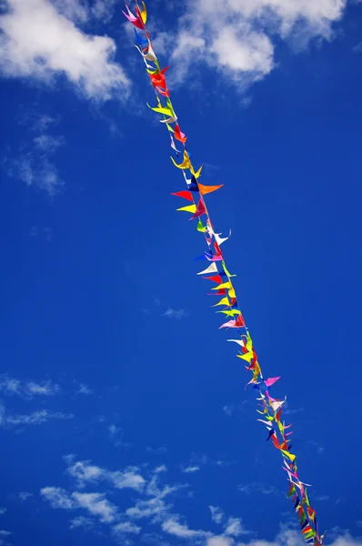 Multi colored party flags on a line on a background of blue sky — Stock Photo, Image