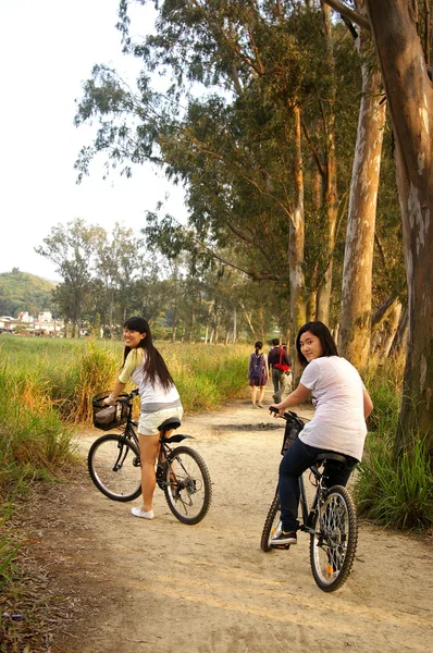 Азиатские друзья на велосипеде — стоковое фото