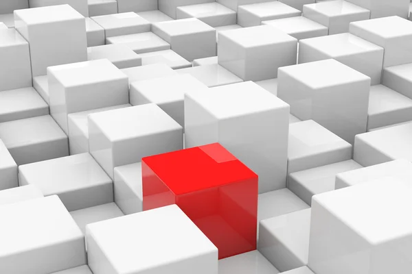 Red cube among white cubes of different height. Unique concept. — Stock Photo, Image