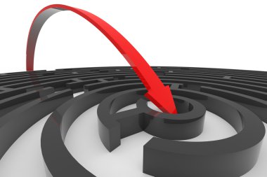 Arrow jumps to the center of the black maze. Concept of success. clipart