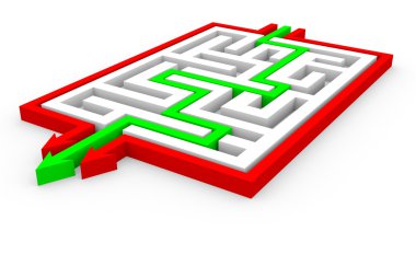 Green arrows going through the maze. Path across labyrinth. clipart