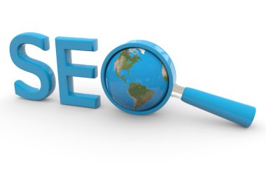 Blue word SEO with 3D globe and magnifying glass replacing lette clipart