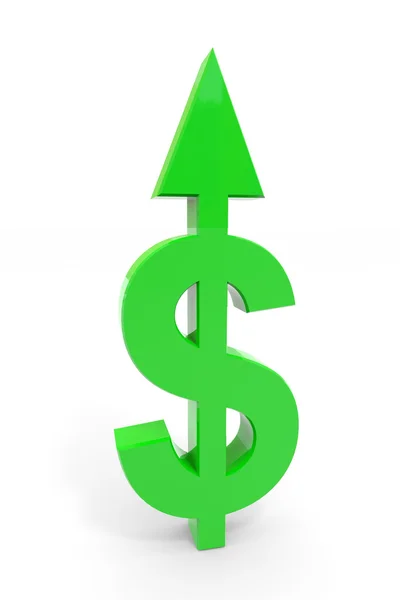 Segno di dollaro verde con freccia su stand sulla superficie bianca . — Foto Stock