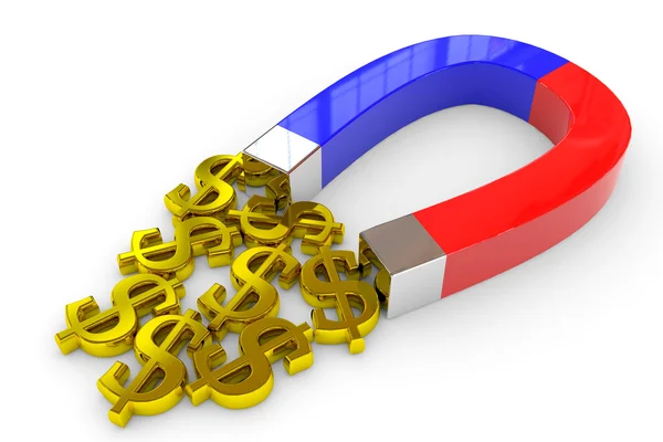 Horseshoe two color magnet attracts gold dollar signs. — Stock Photo, Image