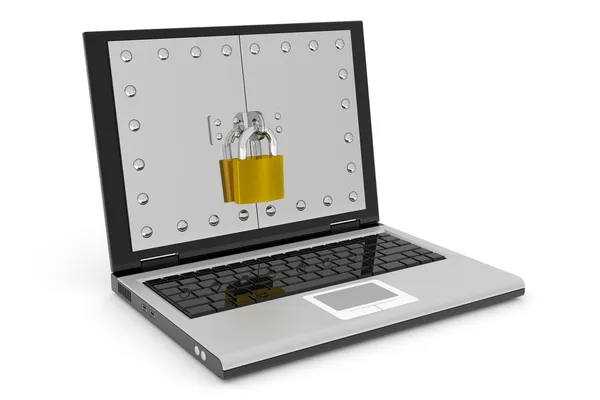 抽象笔记本电脑带锁的保险箱。计算机安全概念. — 图库照片